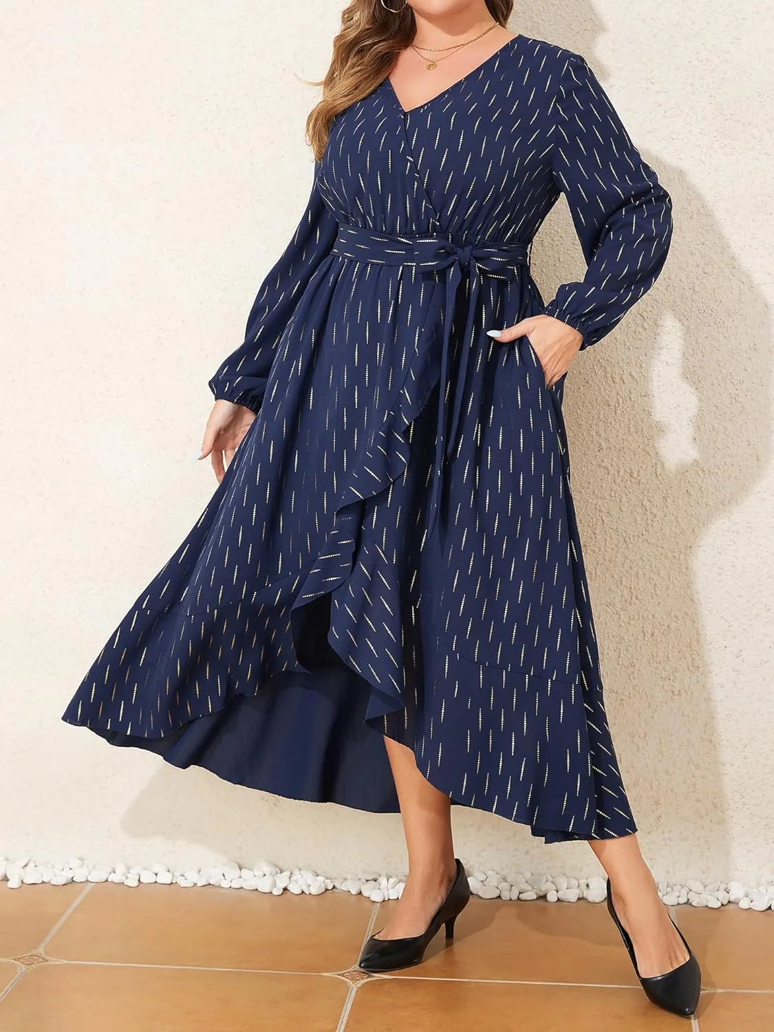 Plus Size Wedding Guest Dress - Long Sleeve V Neck Formal Dress Irregular Evening Gown