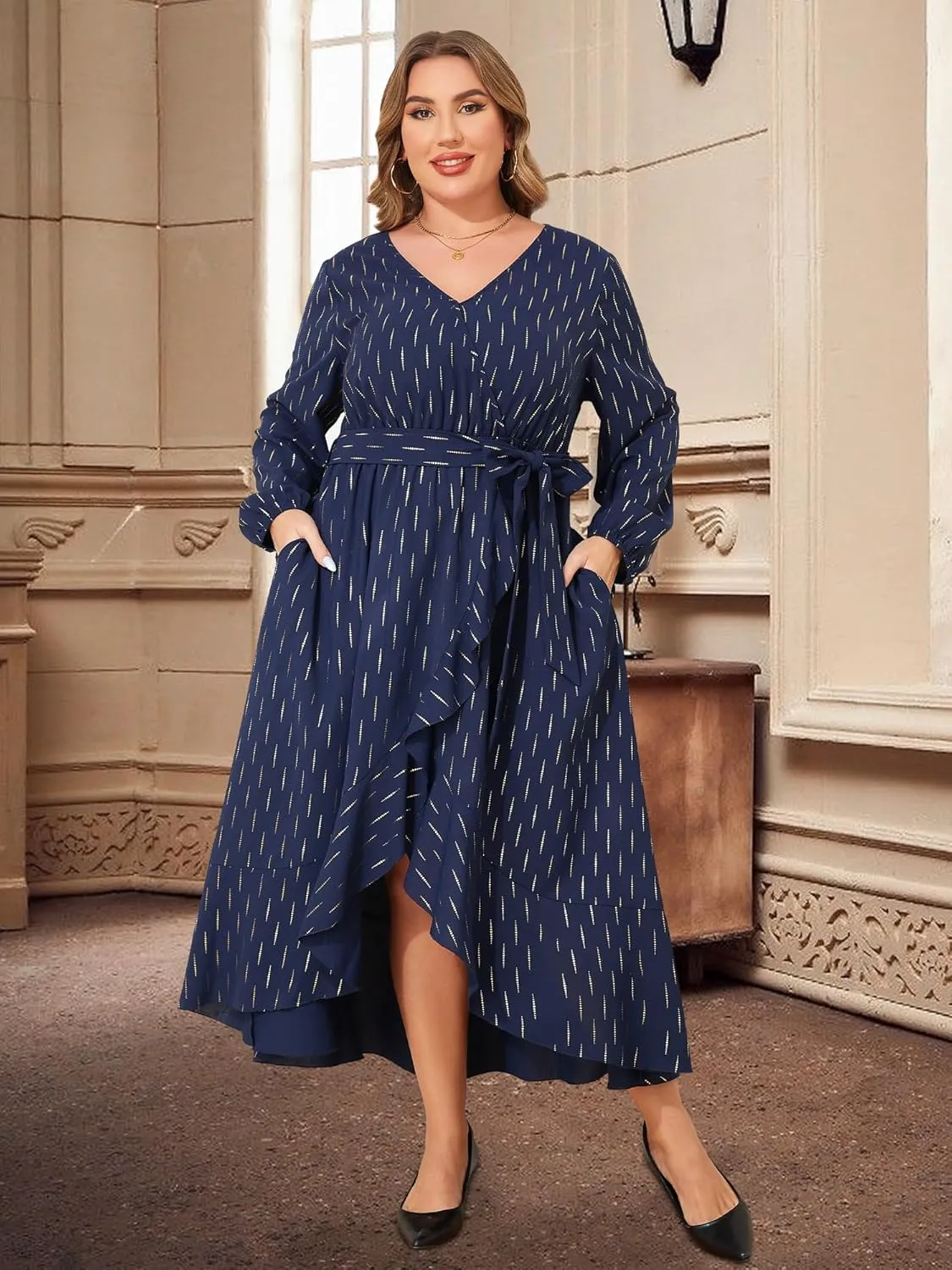 Plus Size Wedding Guest Dress - Long Sleeve V Neck Formal Dress Irregular Evening Gown