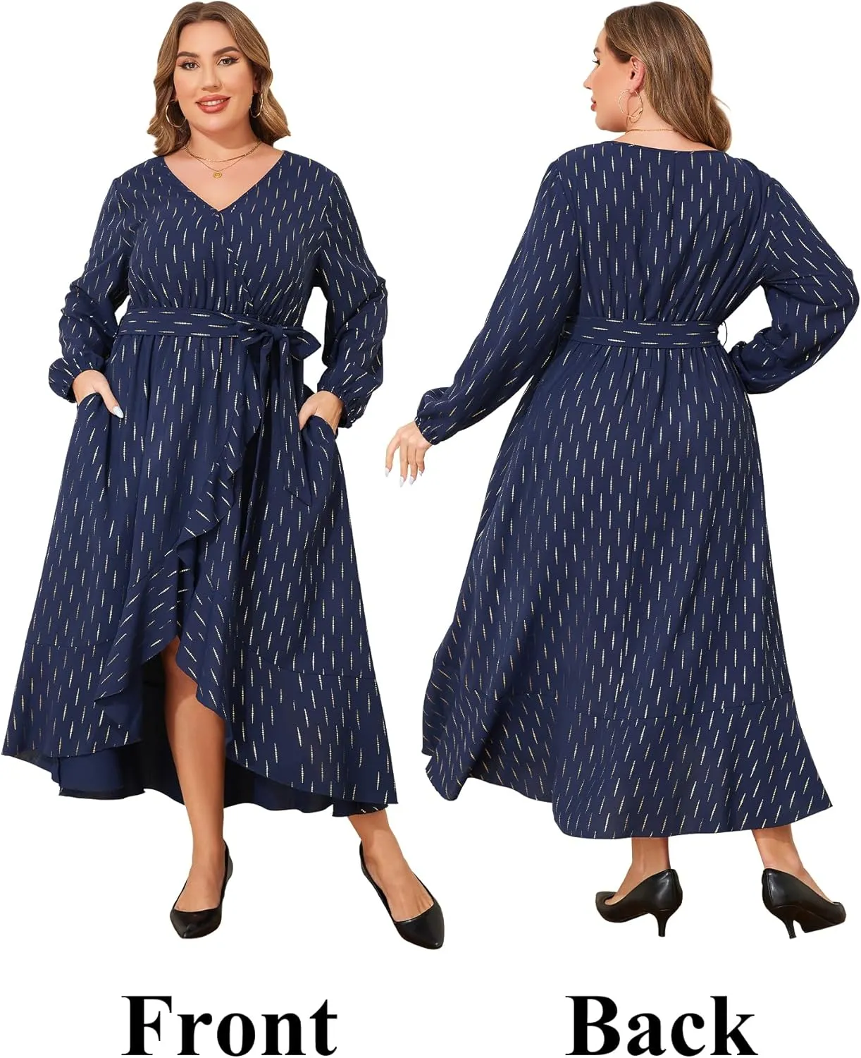 Plus Size Wedding Guest Dress - Long Sleeve V Neck Formal Dress Irregular Evening Gown