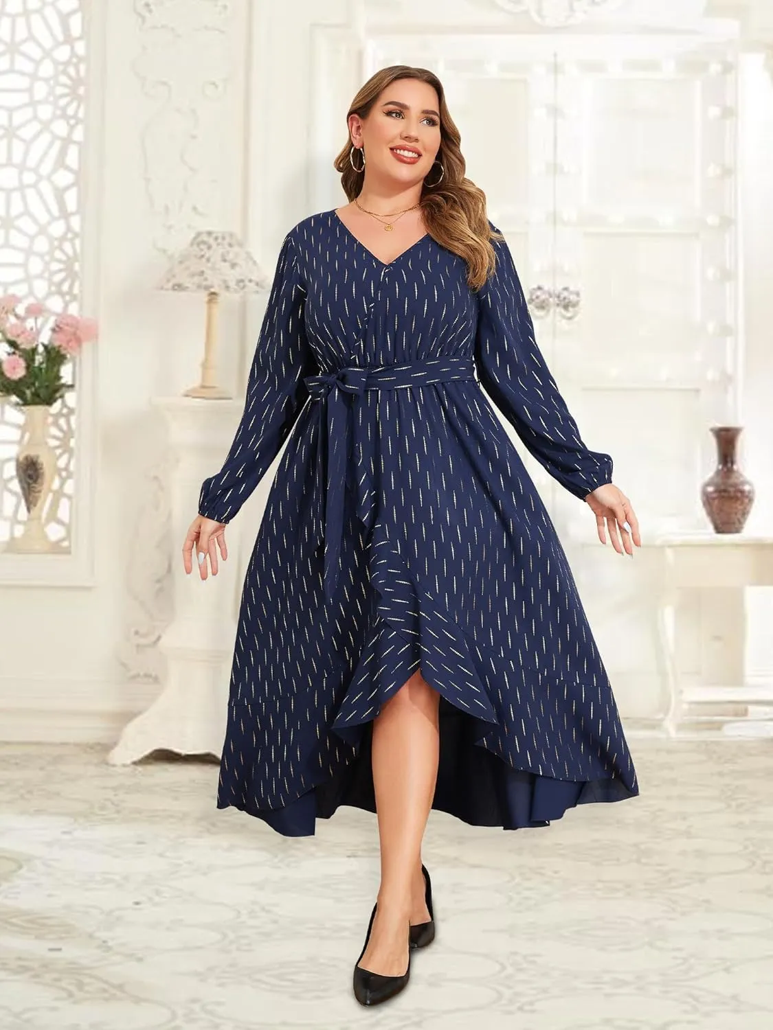 Plus Size Wedding Guest Dress - Long Sleeve V Neck Formal Dress Irregular Evening Gown