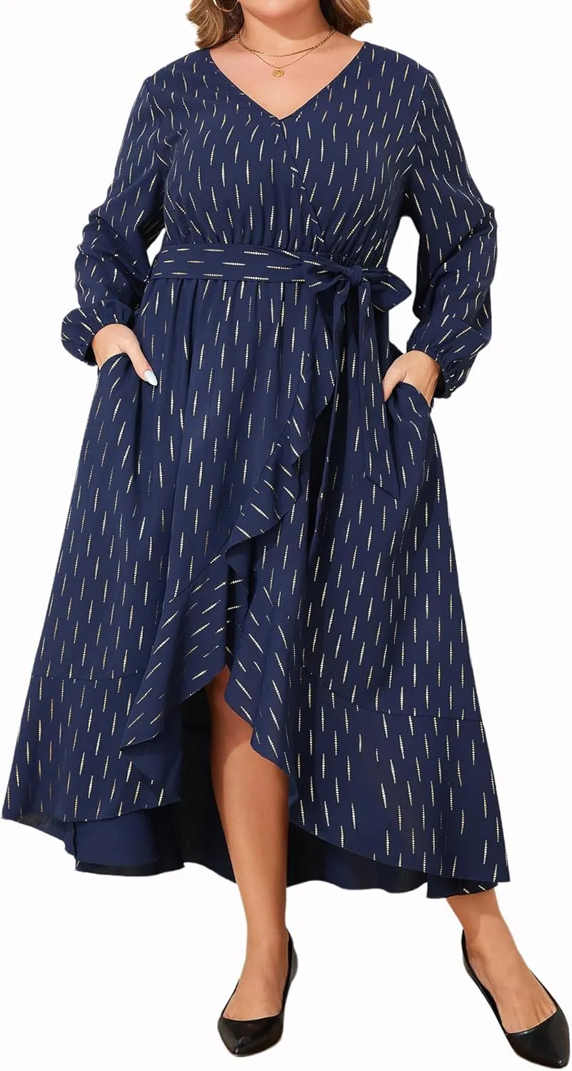 Plus Size Wedding Guest Dress - Long Sleeve V Neck Formal Dress Irregular Evening Gown
