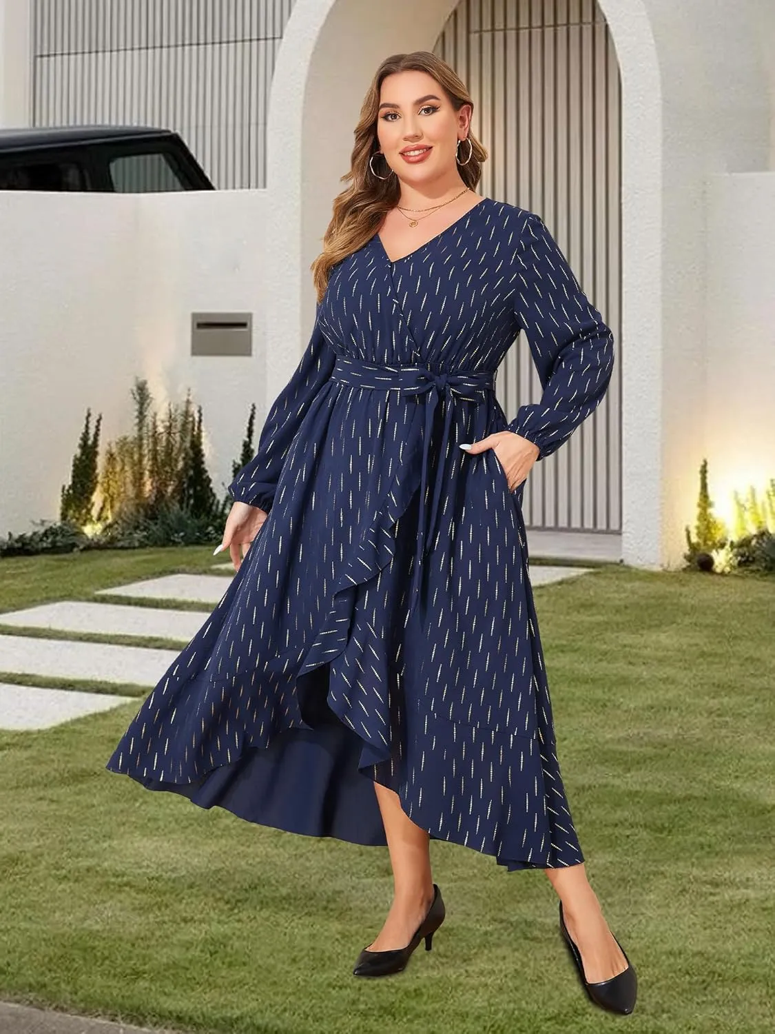 Plus Size Wedding Guest Dress - Long Sleeve V Neck Formal Dress Irregular Evening Gown