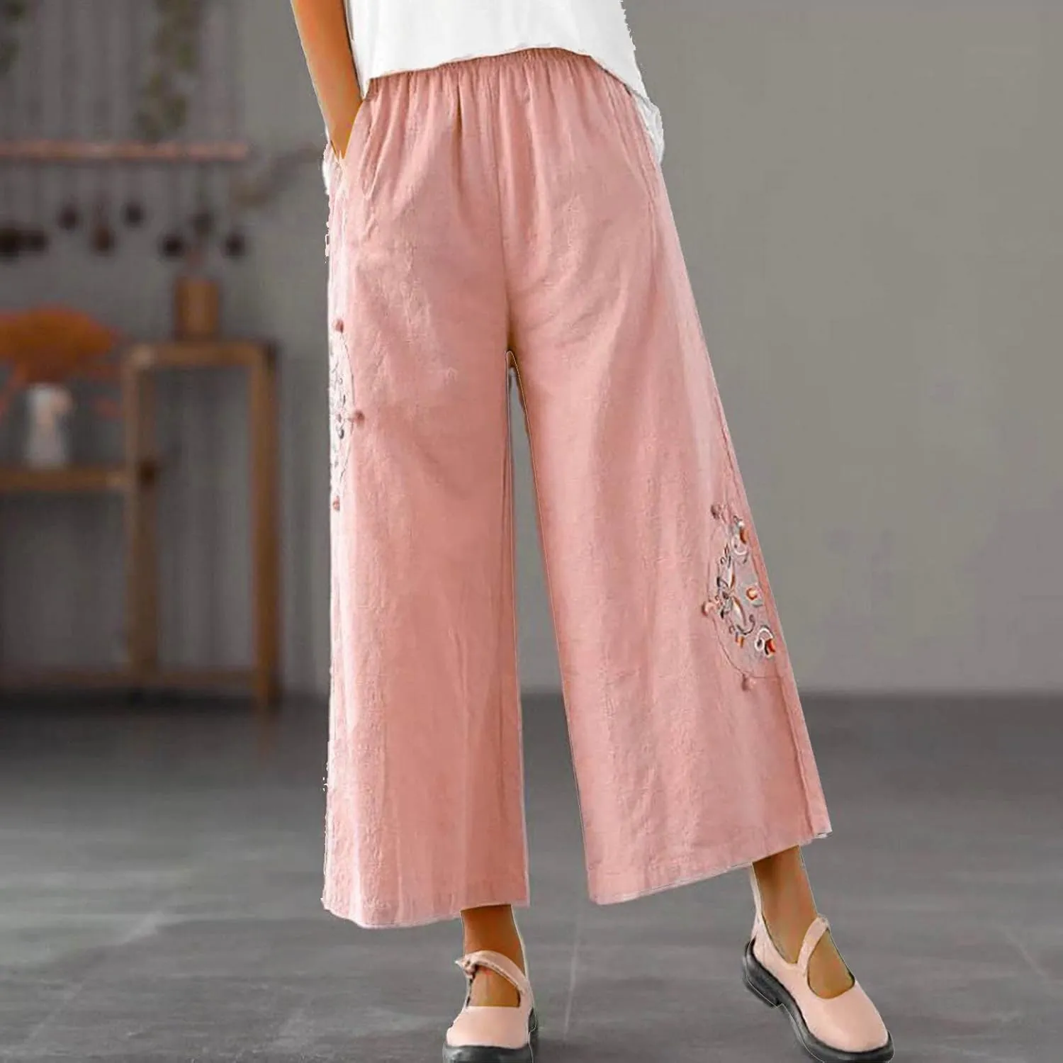 Plus Size Women Capris Pants Loose Summer Casual Cotton Linen Embroidery Vintage Wide Leg Cropped Trousers with Pockets