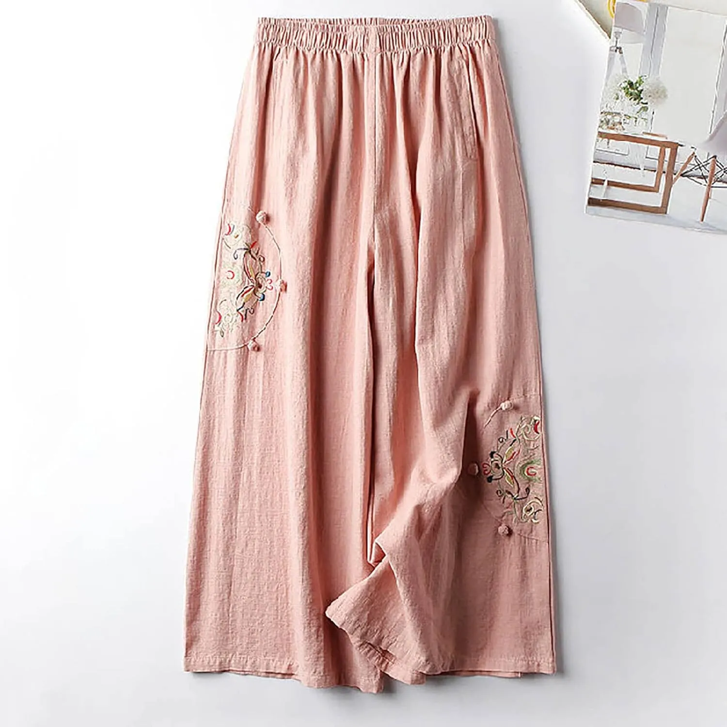 Plus Size Women Capris Pants Loose Summer Casual Cotton Linen Embroidery Vintage Wide Leg Cropped Trousers with Pockets