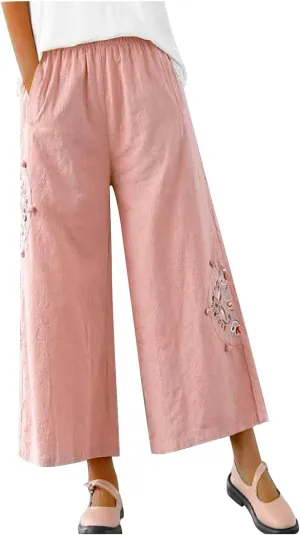 Plus Size Women Capris Pants Loose Summer Casual Cotton Linen Embroidery Vintage Wide Leg Cropped Trousers with Pockets