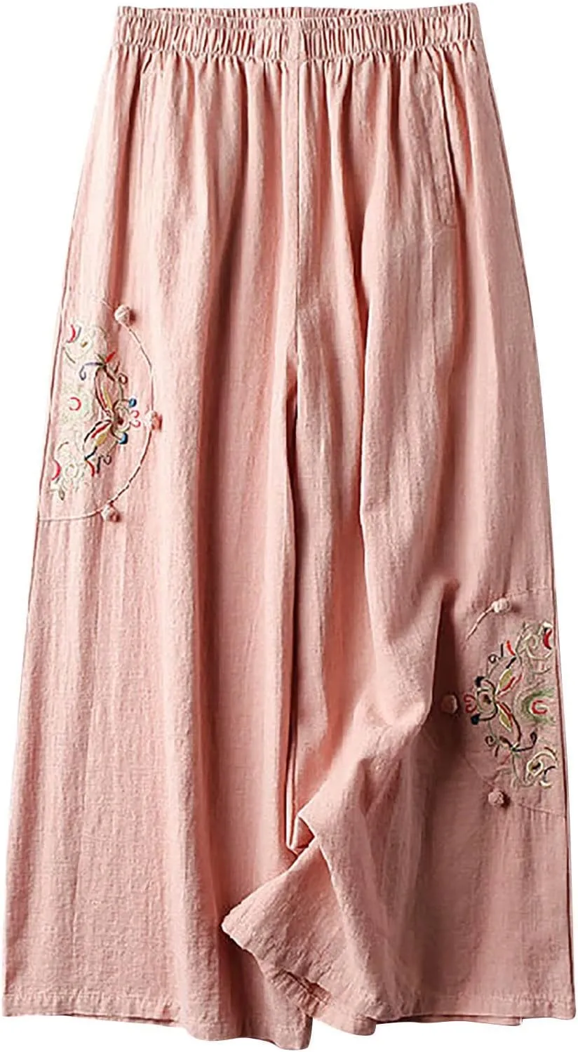 Plus Size Women Capris Pants Loose Summer Casual Cotton Linen Embroidery Vintage Wide Leg Cropped Trousers with Pockets