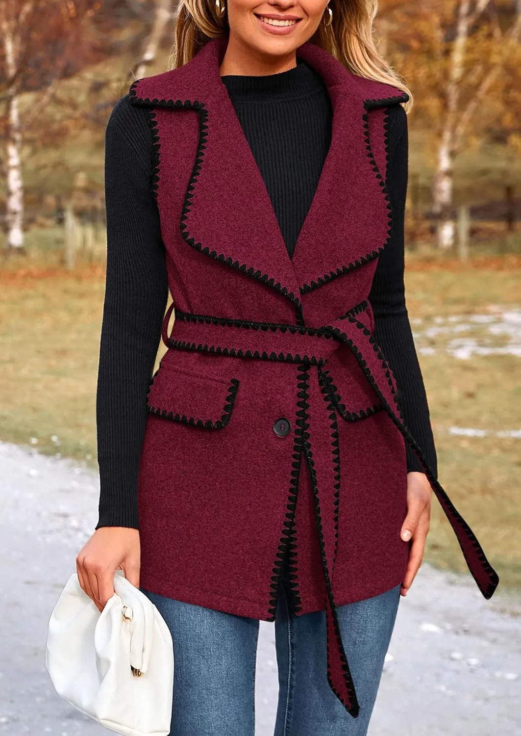 PRETTYGARDEN Women's 2025 Tweed Vest Jackets Sleeveless Lapel Button Front Belt Color Block Winter Cardigan Outerwear