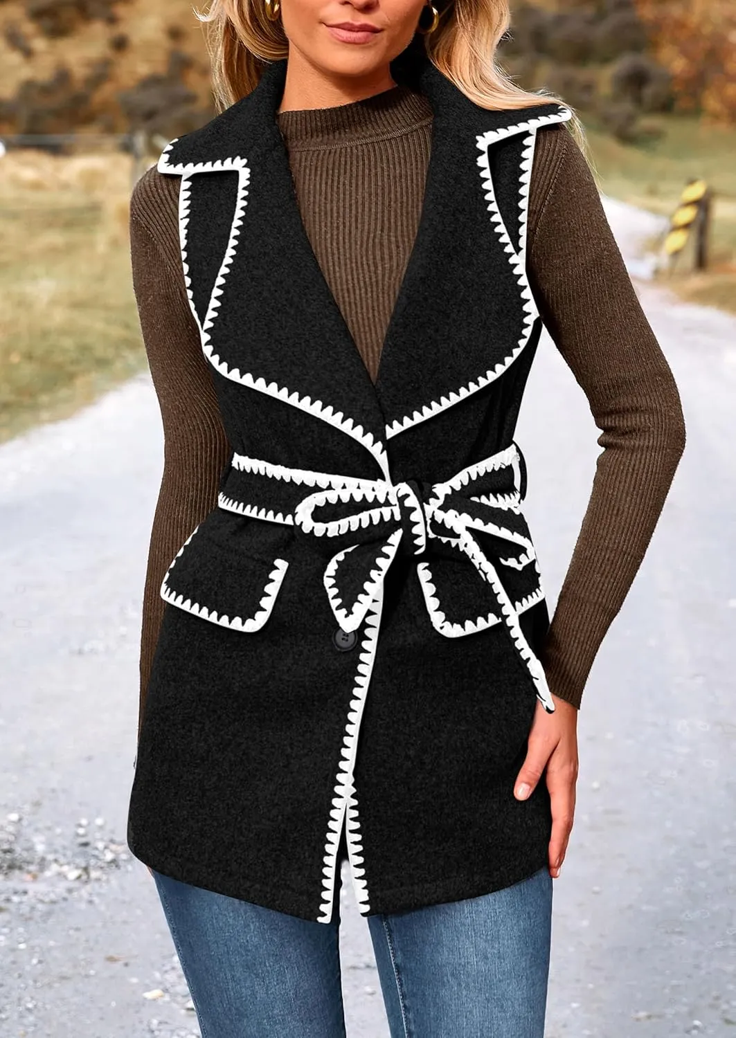 PRETTYGARDEN Women's 2025 Tweed Vest Jackets Sleeveless Lapel Button Front Belt Color Block Winter Cardigan Outerwear
