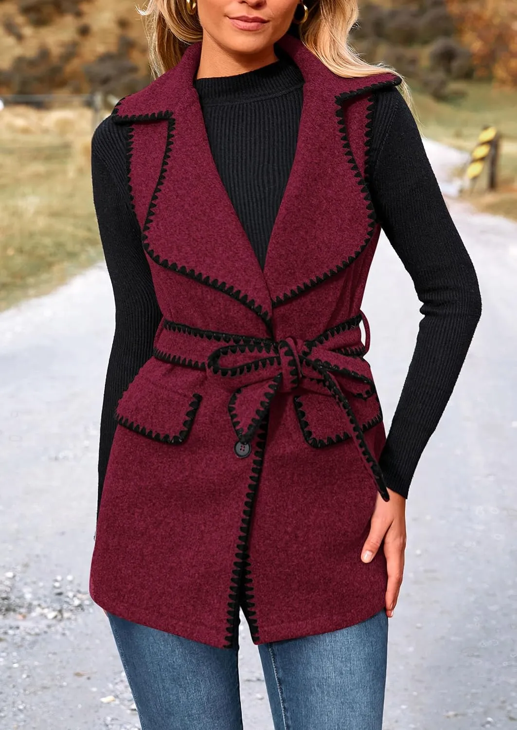 PRETTYGARDEN Women's 2025 Tweed Vest Jackets Sleeveless Lapel Button Front Belt Color Block Winter Cardigan Outerwear