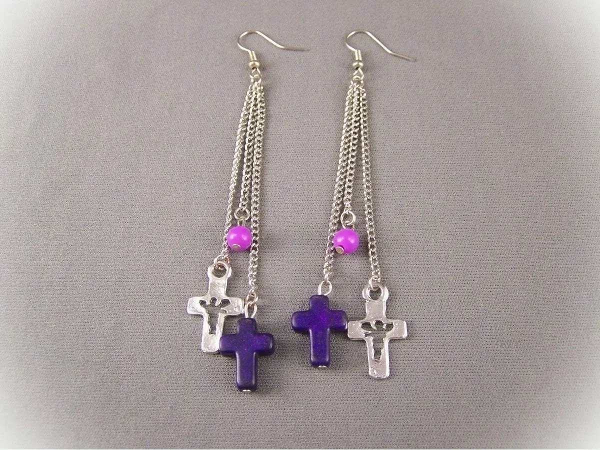 Purple Silver Tone Cross Triple Multi Chain Dangle 4" Long Earrings For Women Set Lightweight