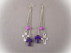 Purple Silver Tone Cross Triple Multi Chain Dangle 4" Long Earrings For Women Set Lightweight