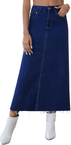 Qazel Vorrlon Long Denim Skirts for Women High Waisted A Line Jean Skirt Stretchy Denim Maxi Skirt 2023 Trendy Y2K