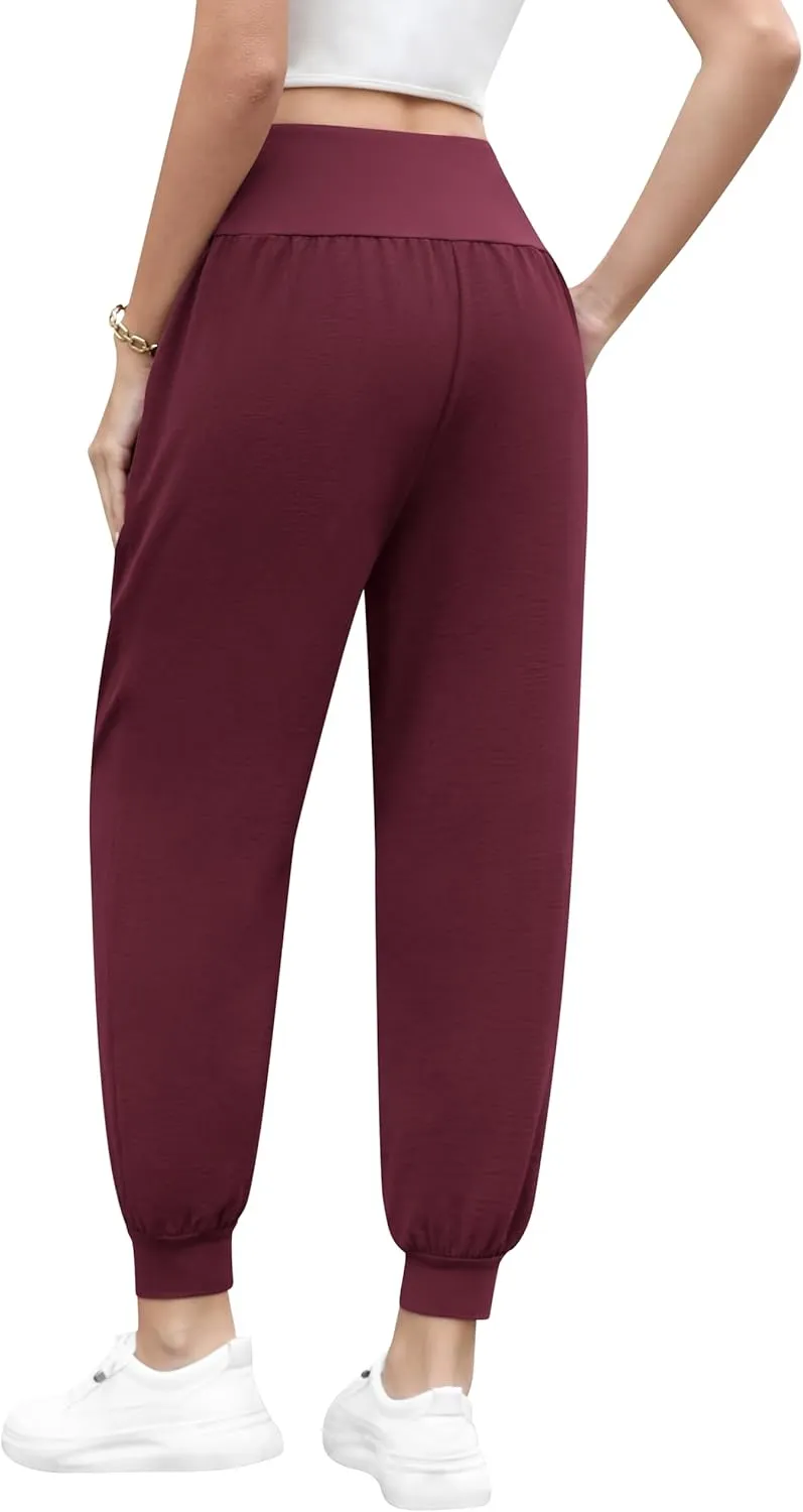 QUEZHU Women High Waist Joggers Palazzo Pants Fall Elastic Waist Casual Lounge Pants with Pockets