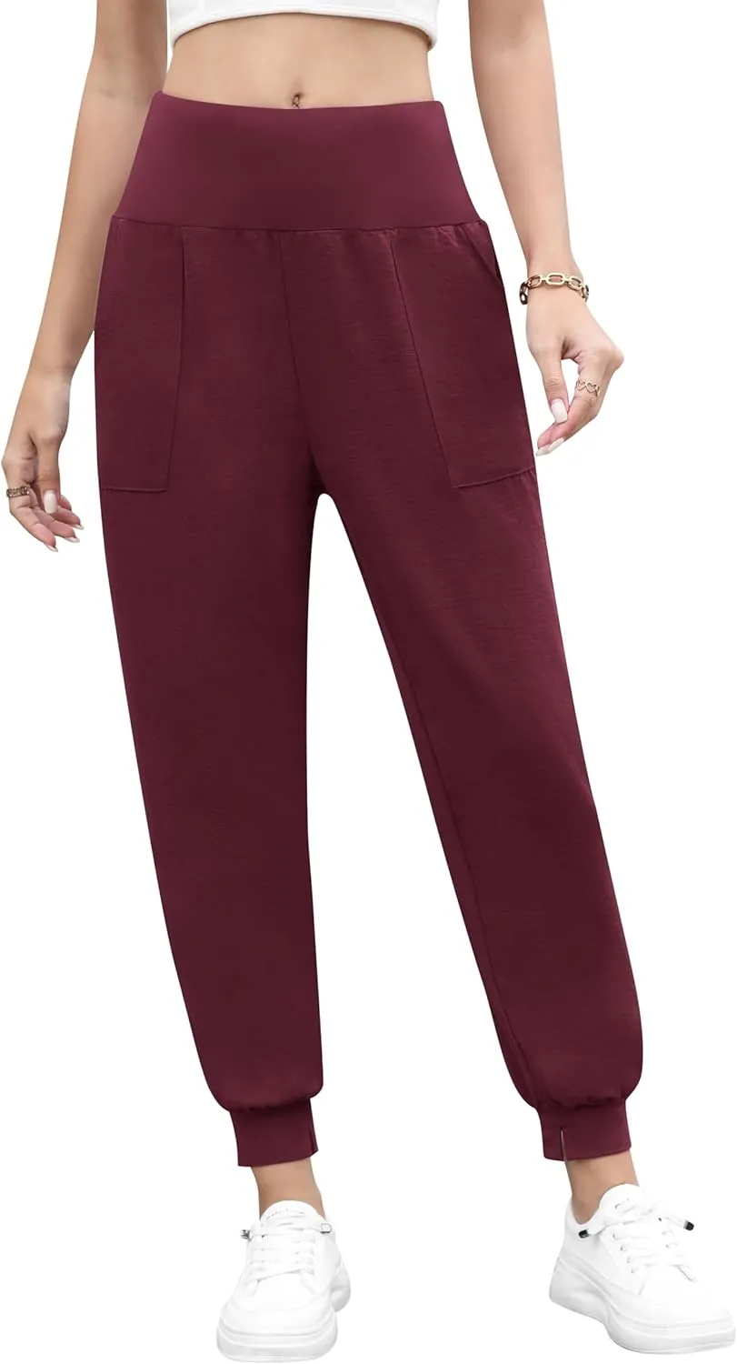 QUEZHU Women High Waist Joggers Palazzo Pants Fall Elastic Waist Casual Lounge Pants with Pockets