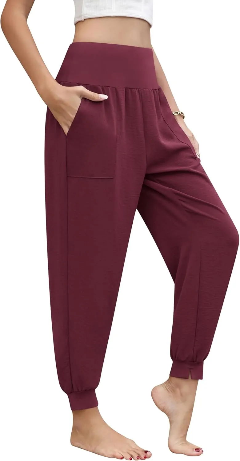 QUEZHU Women High Waist Joggers Palazzo Pants Fall Elastic Waist Casual Lounge Pants with Pockets
