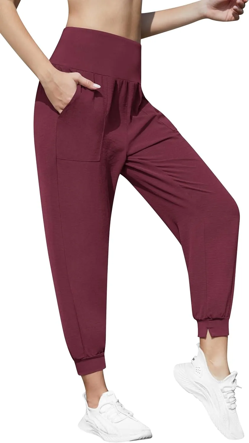 QUEZHU Women High Waist Joggers Palazzo Pants Fall Elastic Waist Casual Lounge Pants with Pockets