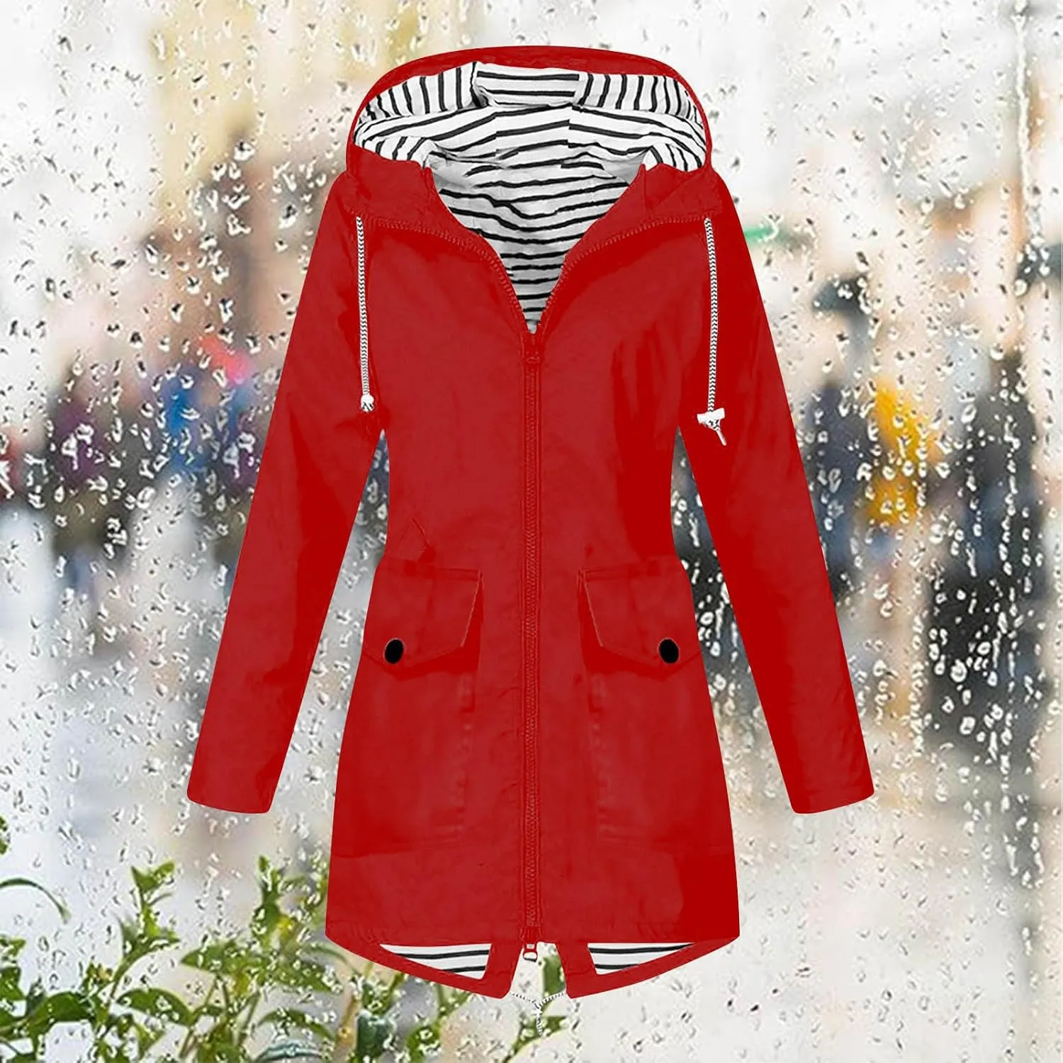 Rain Coats for Women Waterproof Hiking Rain Jacket Lightweight Long Sleeve Striped Hooded Trench Coat 2024, Black