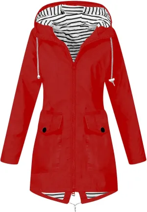 Rain Coats for Women Waterproof Hiking Rain Jacket Lightweight Long Sleeve Striped Hooded Trench Coat 2024, Black