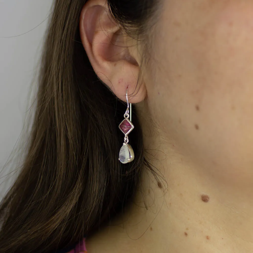 Rainbow Moonstone & Pink Tourmaline Drop Earrings