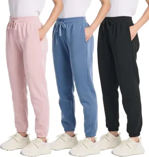 Real Essentials 3 Pack: Women's Fleece Jogger Sweatpants (Available in Plus Size)