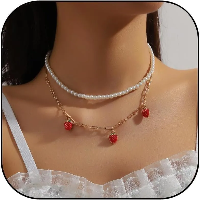 Red Strawberry Necklace for Women Multilayer Fruit Strawberry Cherry Pendant Necklaces Handmade Imitation Pearl Beads Choker Cute Strawberry Charms Party Sweet Jewelry Gift