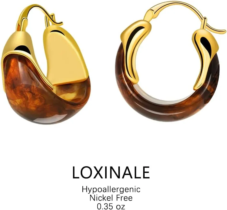 Resin Hoops Earrings - Statement Loop Earings Hypoallergenic Nickel Free, U Shape Latch Back Earings for Sensitive Earlobes