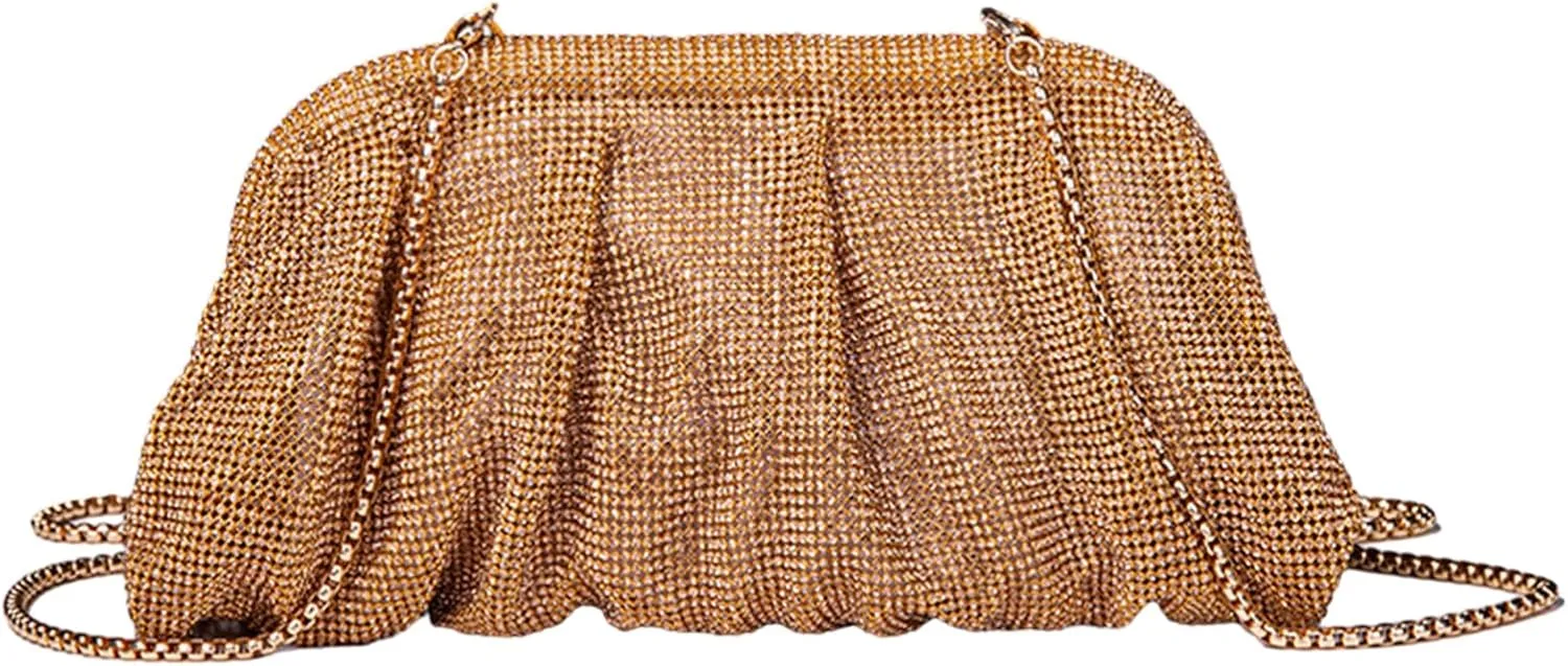 Rhinestone Evening Bag Pleated Lady Purse Party Banquet Wedding Clutches for Women Girl Cocktail Crossbody Shoulder Bag, Gd, 9.44x4.72x3.54in