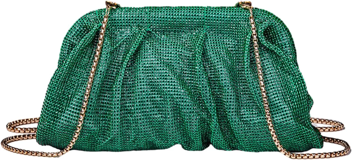 Rhinestone Evening Bag Pleated Lady Purse Party Banquet Wedding Clutches for Women Girl Cocktail Crossbody Shoulder Bag, Gn, 9.44x4.72x3.54in