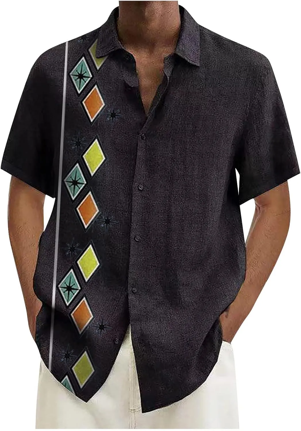 RTRDE Men's Casual Button-Down Shirts Casual Cotton Linen Solid Color Short Sleeve Shirts Loose Casual Shirts