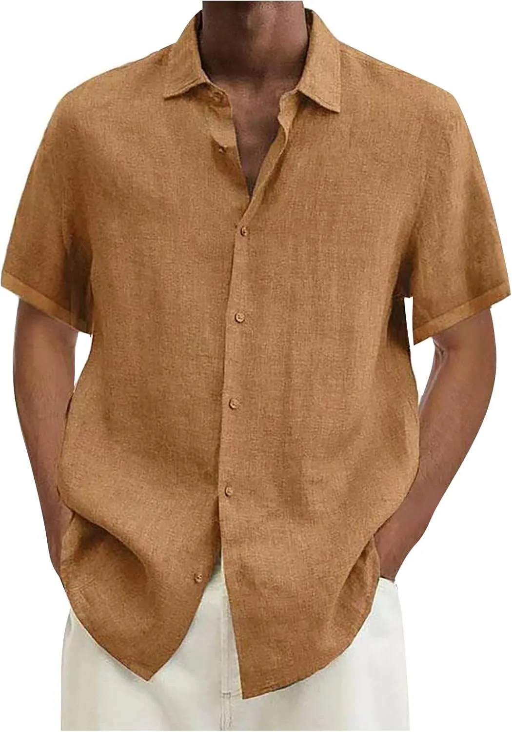 RTRDE Men's Shirts Dress Shirts Summer Casual Cotton Linen Solid Color Short Sleeve Shirts Loose, S-3XL