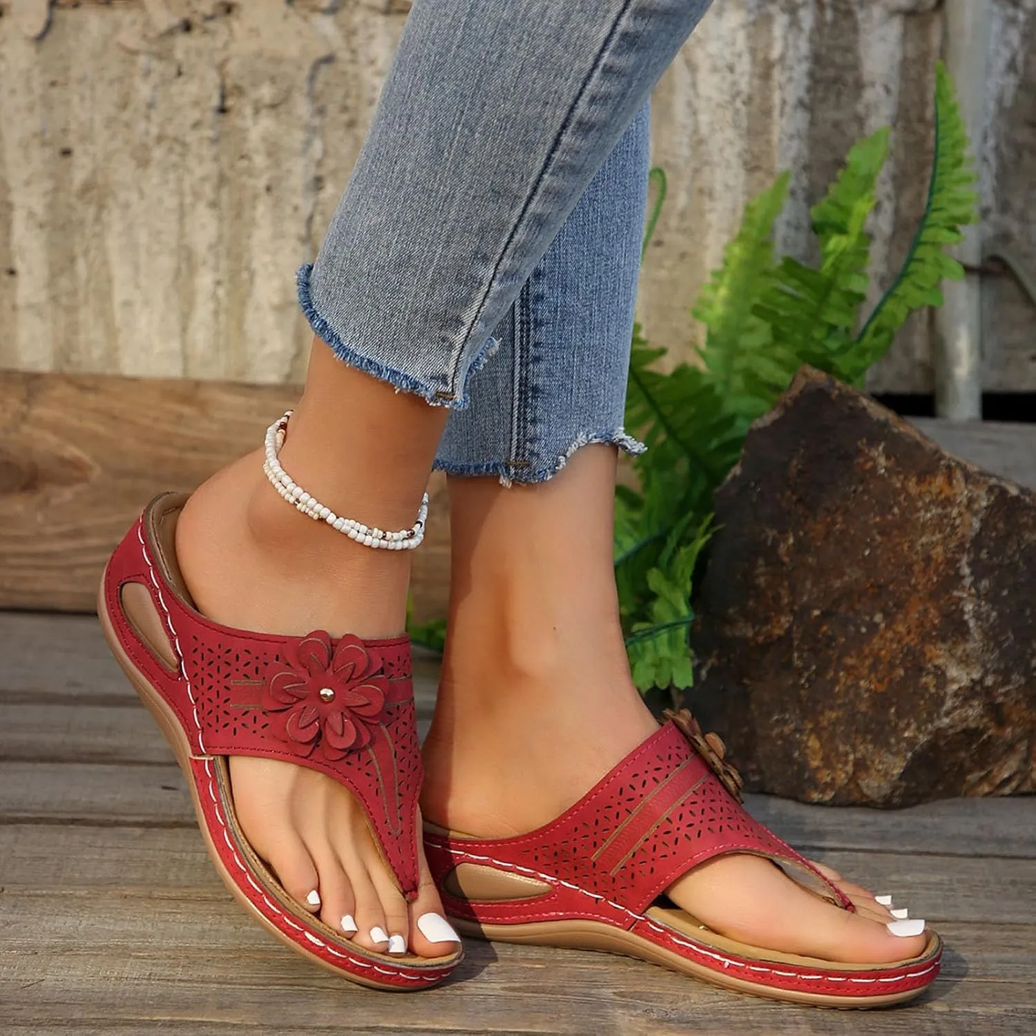 Sandals For Women 2025 Breathable Wedge Thong Sandal Flower Flip Flops Casual Arch Support Women's Orthopedic Shoes