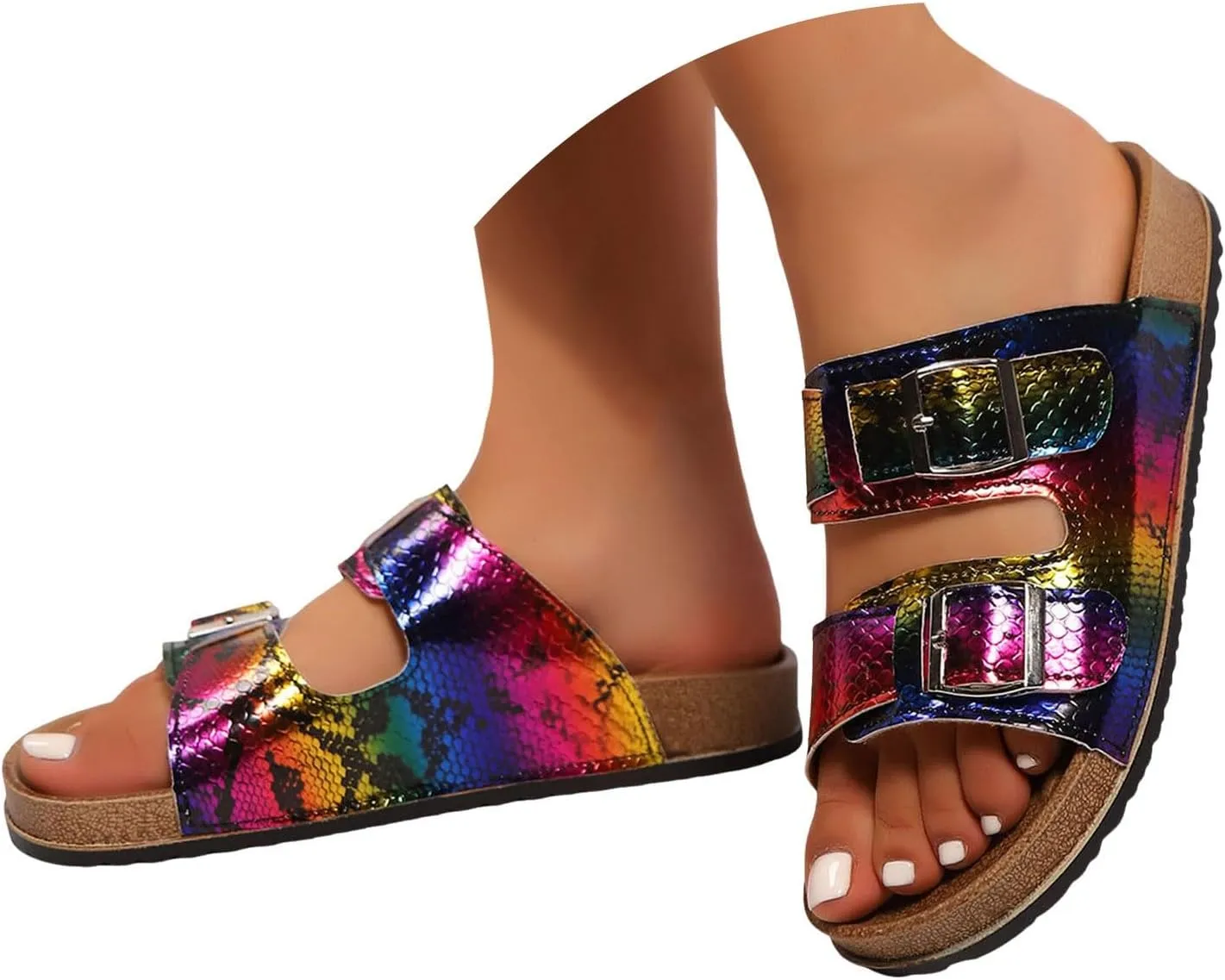 Sandals For Women 2025 Dressy 2 Buckle Flat Sandal With Arch Support Slip On Platform Shoes Casual Indoor Slippers