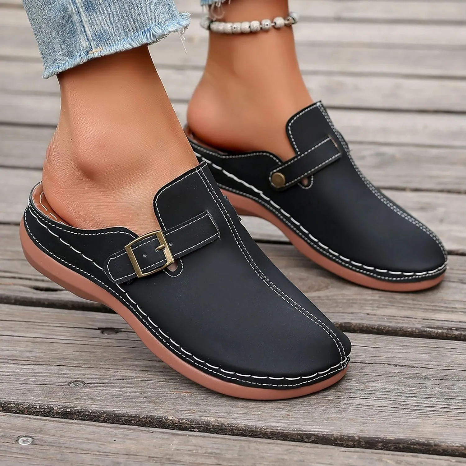 Sandals for Women 2025 Dressy Closed Toe Slippers For Woman Buckle Wedge Sandals Womens With Arch Support House Flats