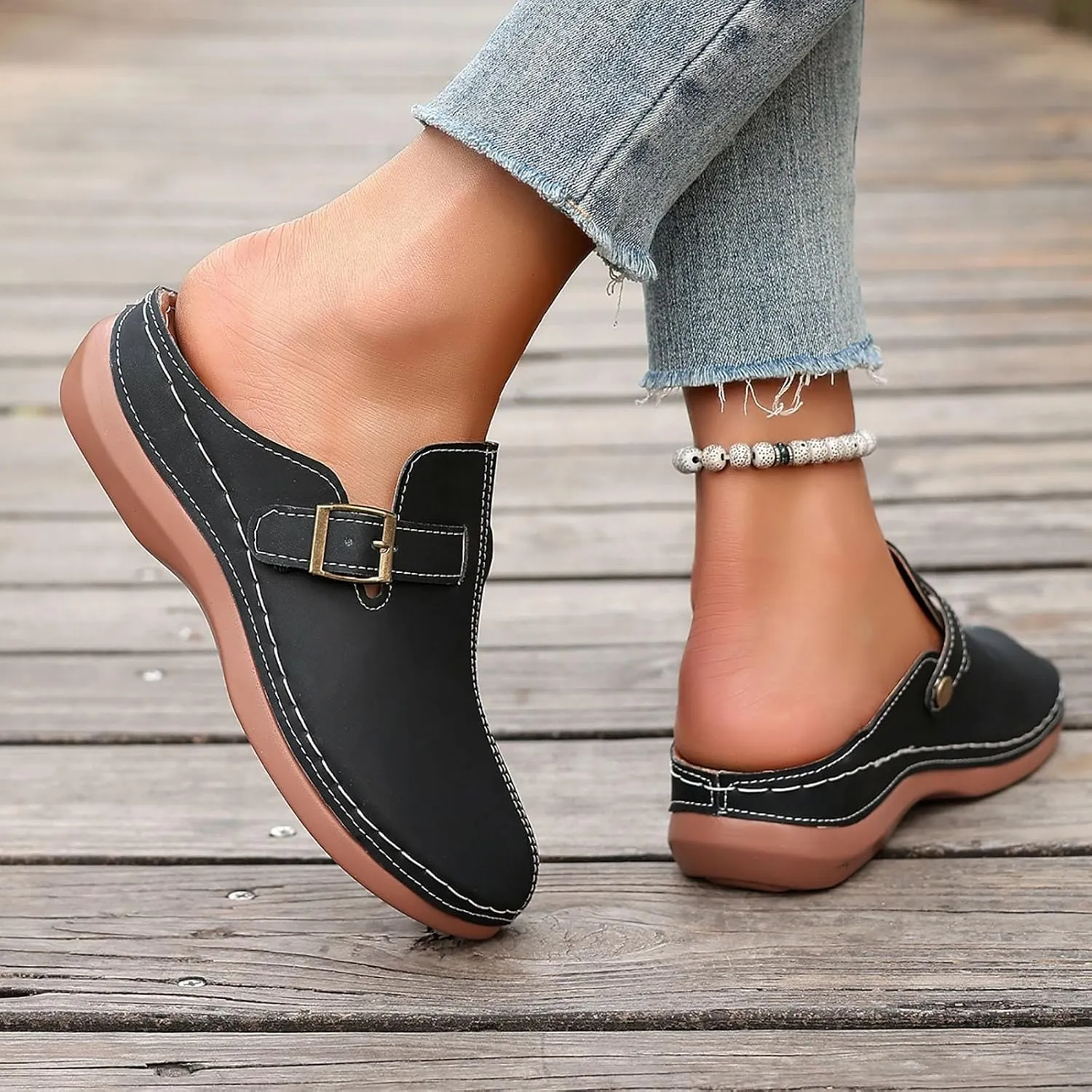 Sandals for Women 2025 Dressy Closed Toe Slippers For Woman Buckle Wedge Sandals Womens With Arch Support House Flats