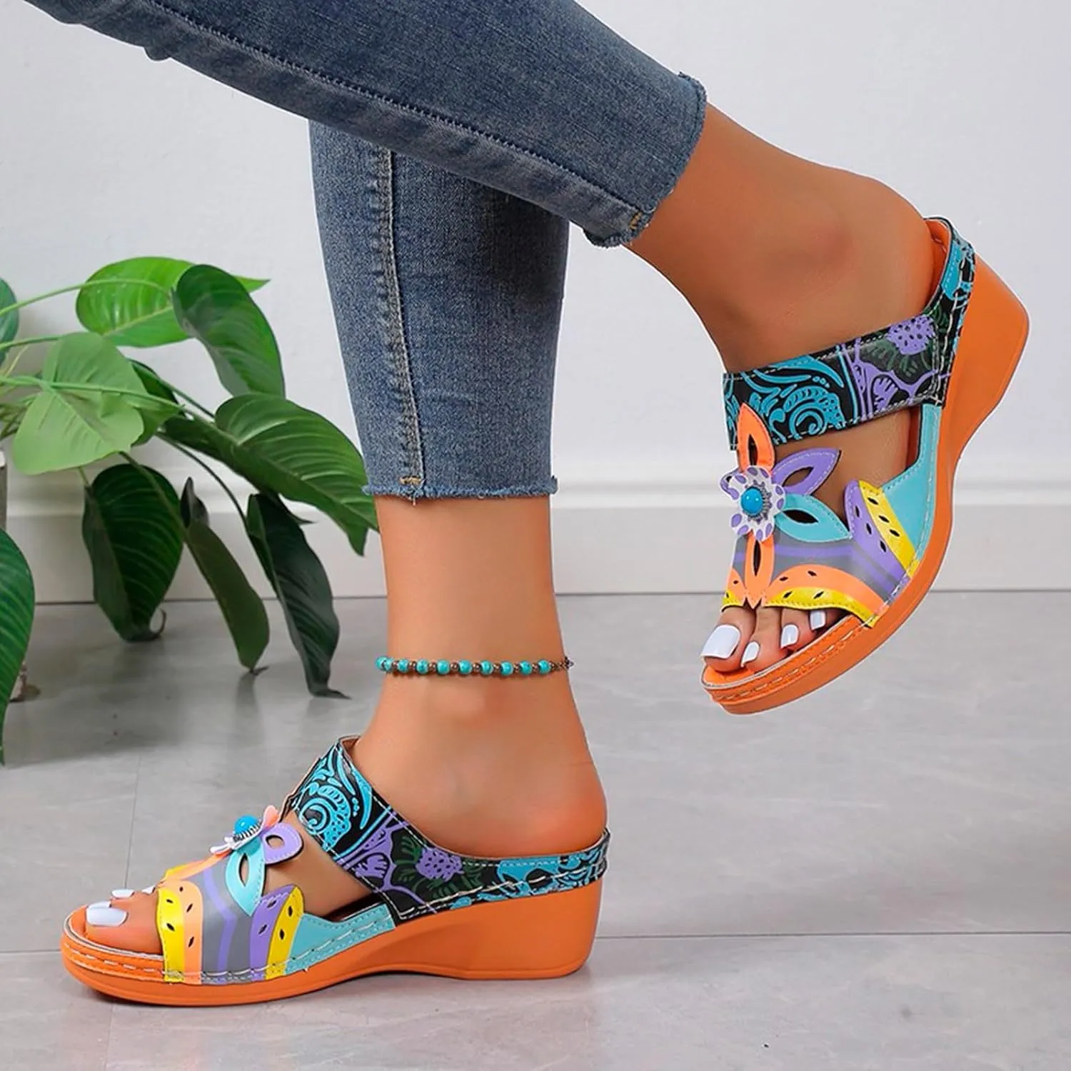 Sandals for Women 2025 Dressy Colorful Flower Orthopedic Sandal for Womens Wide Width Open Toe Summer Wedge Shoes
