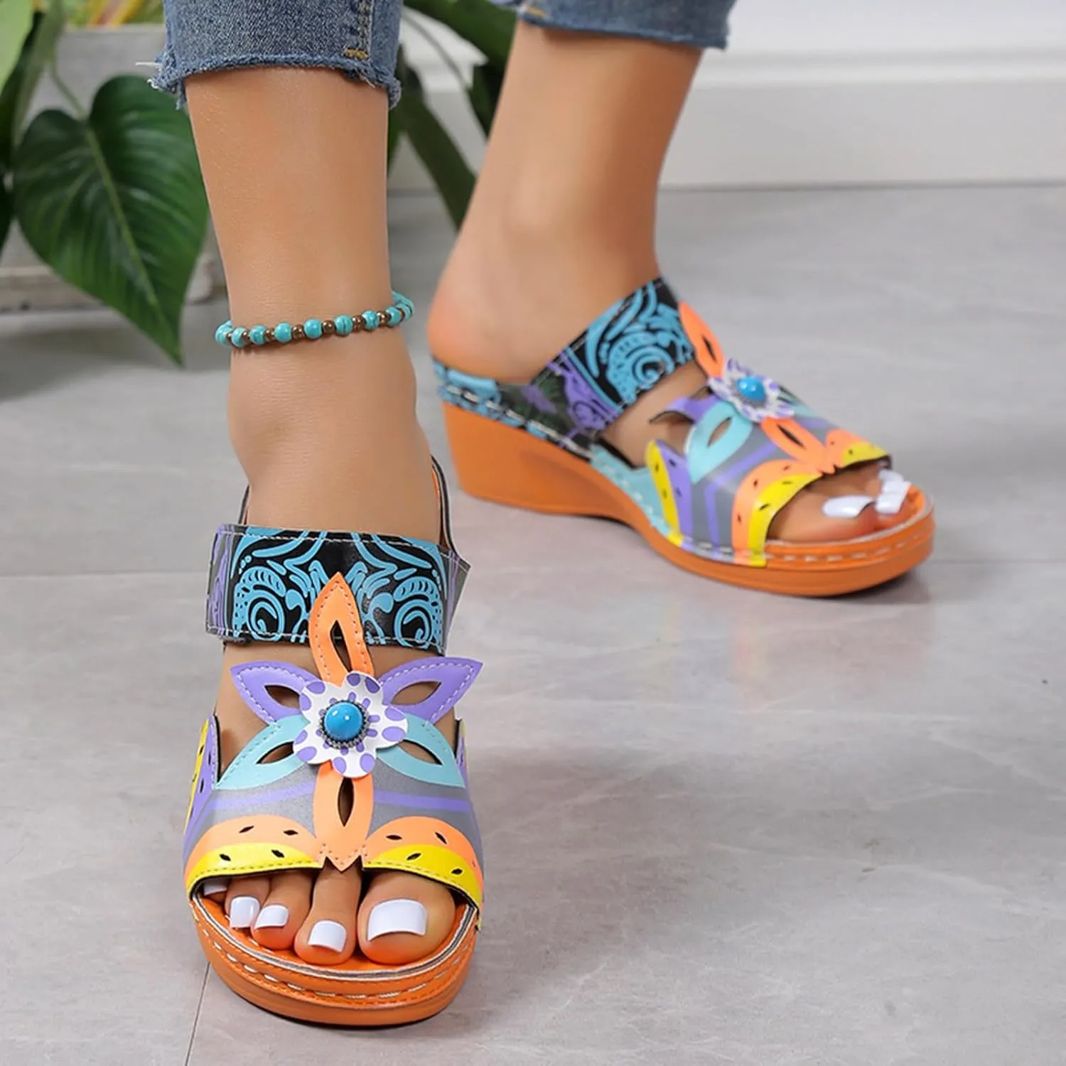 Sandals for Women 2025 Dressy Colorful Flower Orthopedic Sandal for Womens Wide Width Open Toe Summer Wedge Shoes