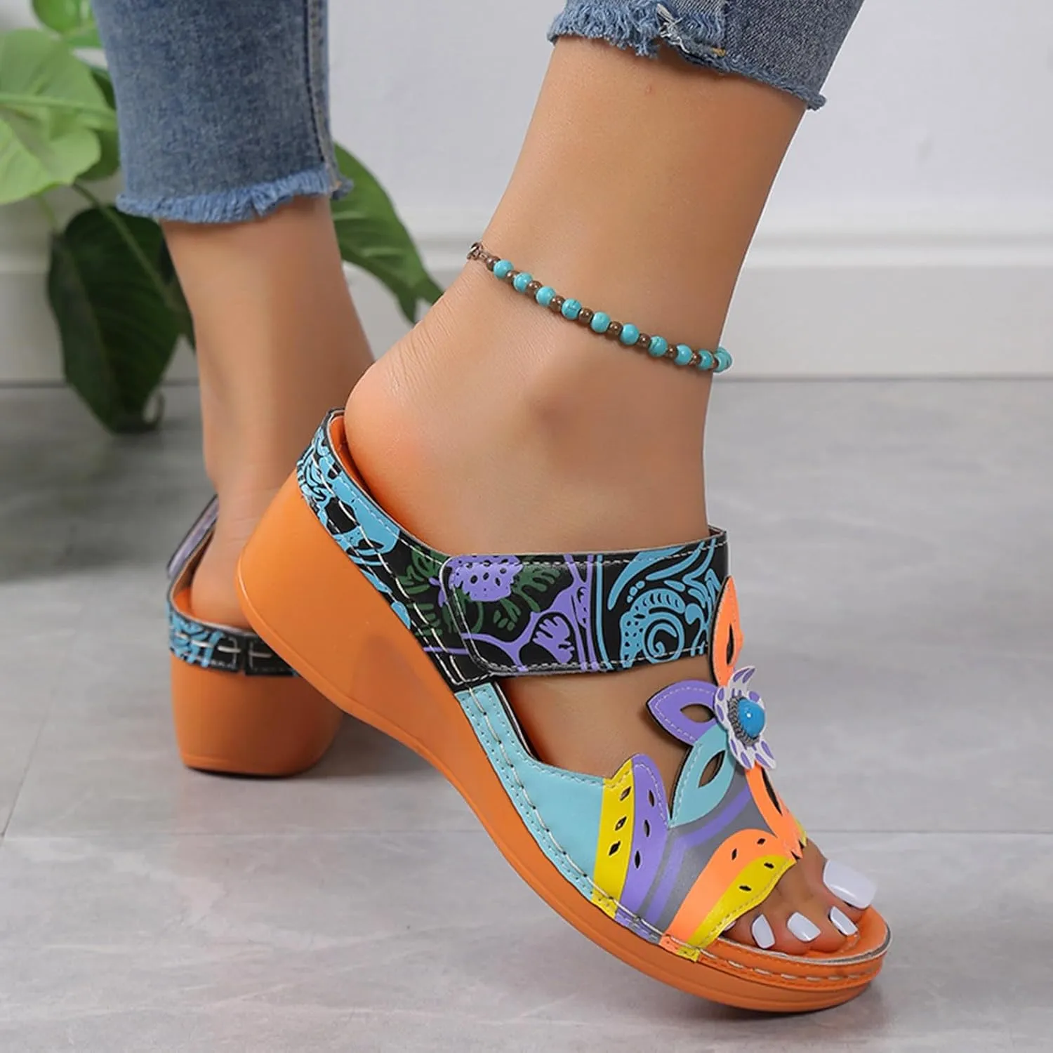 Sandals for Women 2025 Dressy Colorful Flower Orthopedic Sandal for Womens Wide Width Open Toe Summer Wedge Shoes