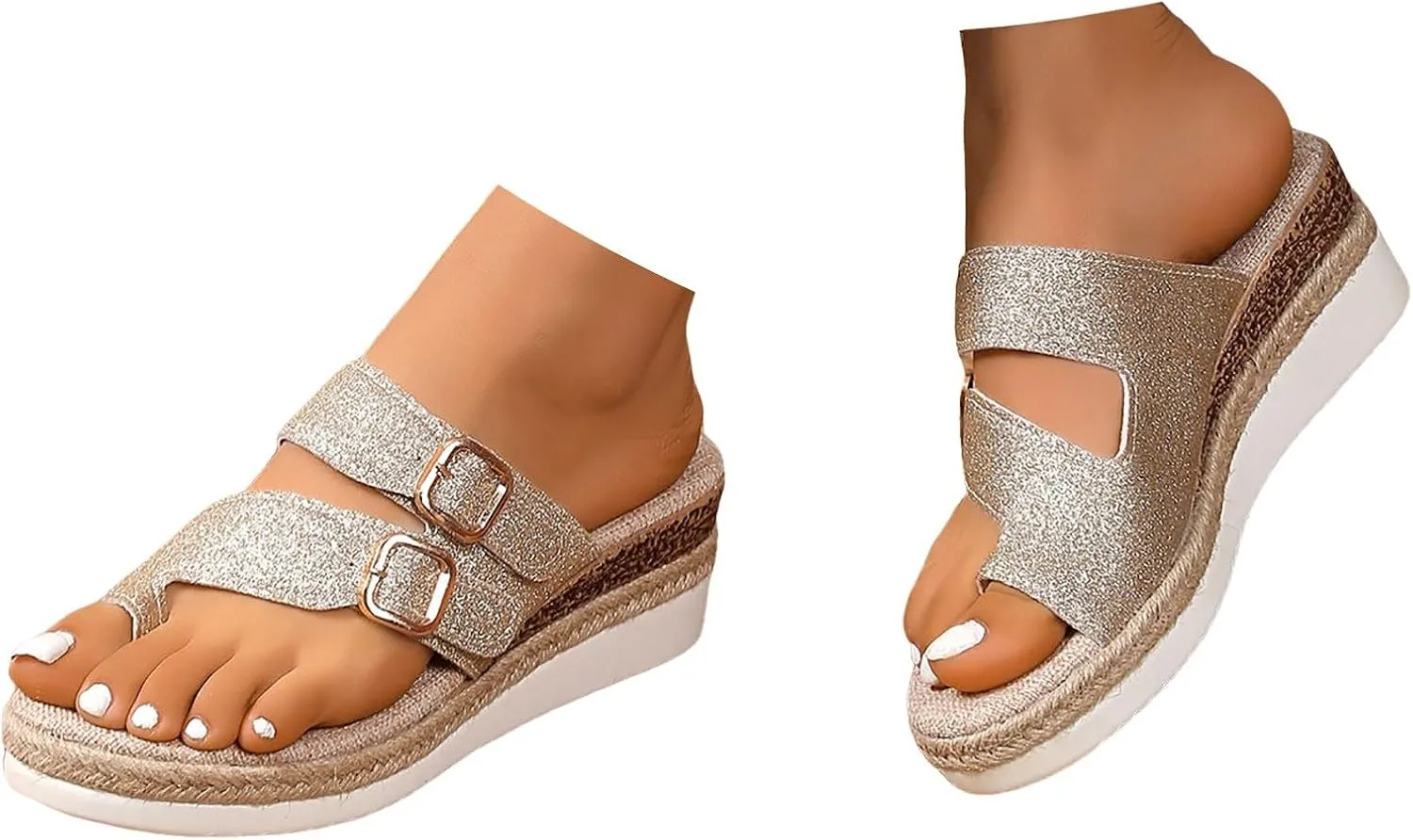 Sandals For Women 2025 Dressy Sequin Orthopedic Sandal 2 Adjustable Buckle Espadrille Wedge Flip Flops Platform Shoes