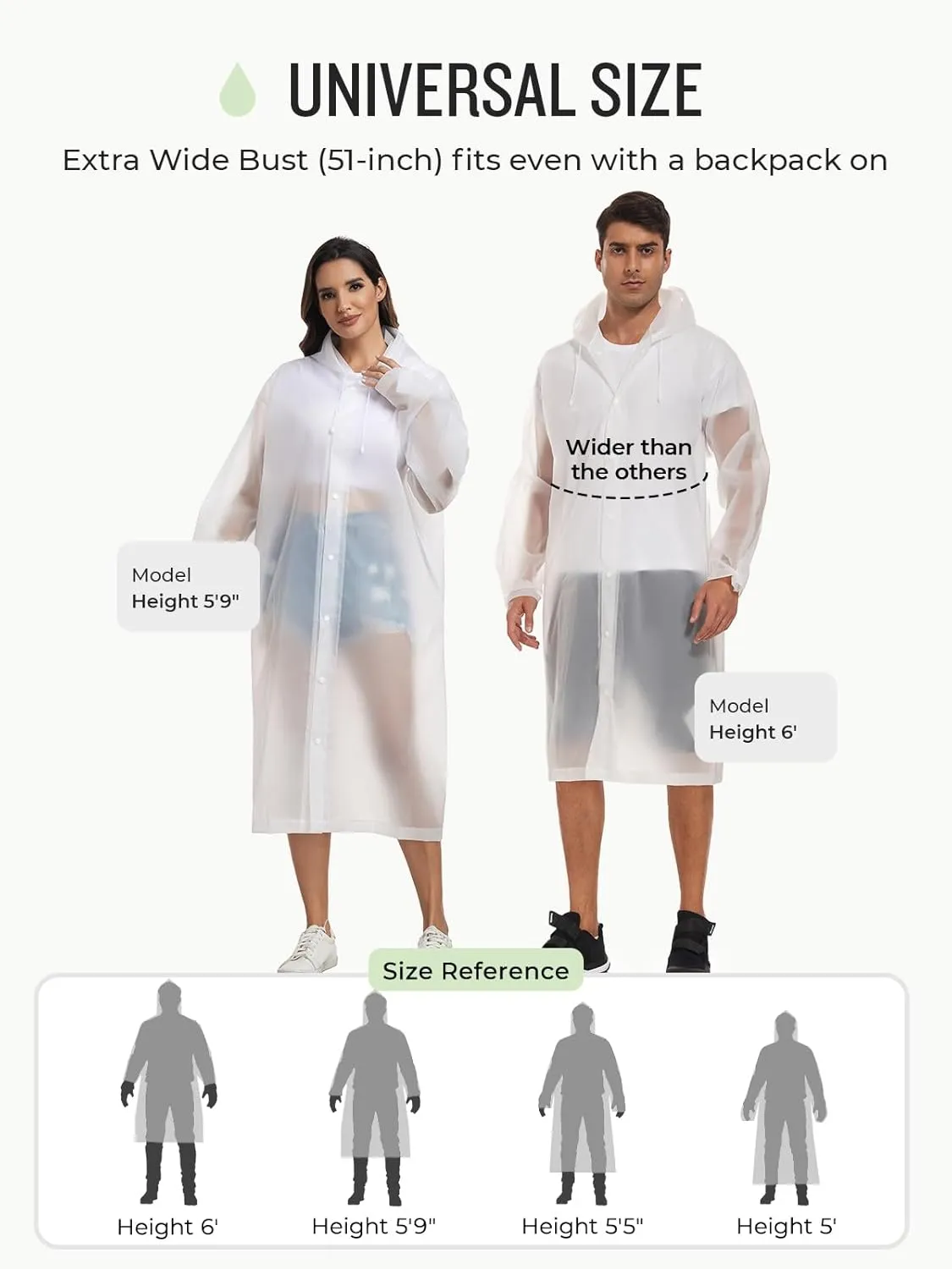SaphiRose Extra Long Rain Ponchos for Adults - EVA Rain Coats Waterproof Unisex Rain Jacket with Drawstring Hood