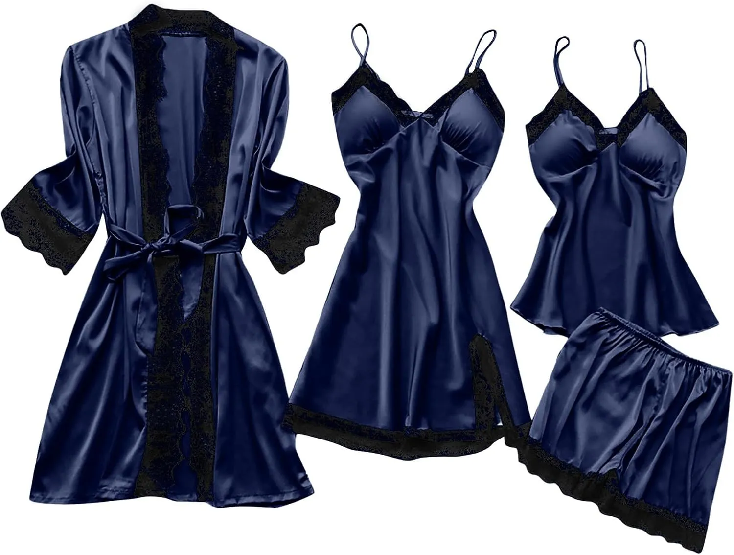 Satin Pajama Set for Women - 4pcs Silk Robe and Lingerie Set with Lace Trim, Sexy Camisole, Nightgown