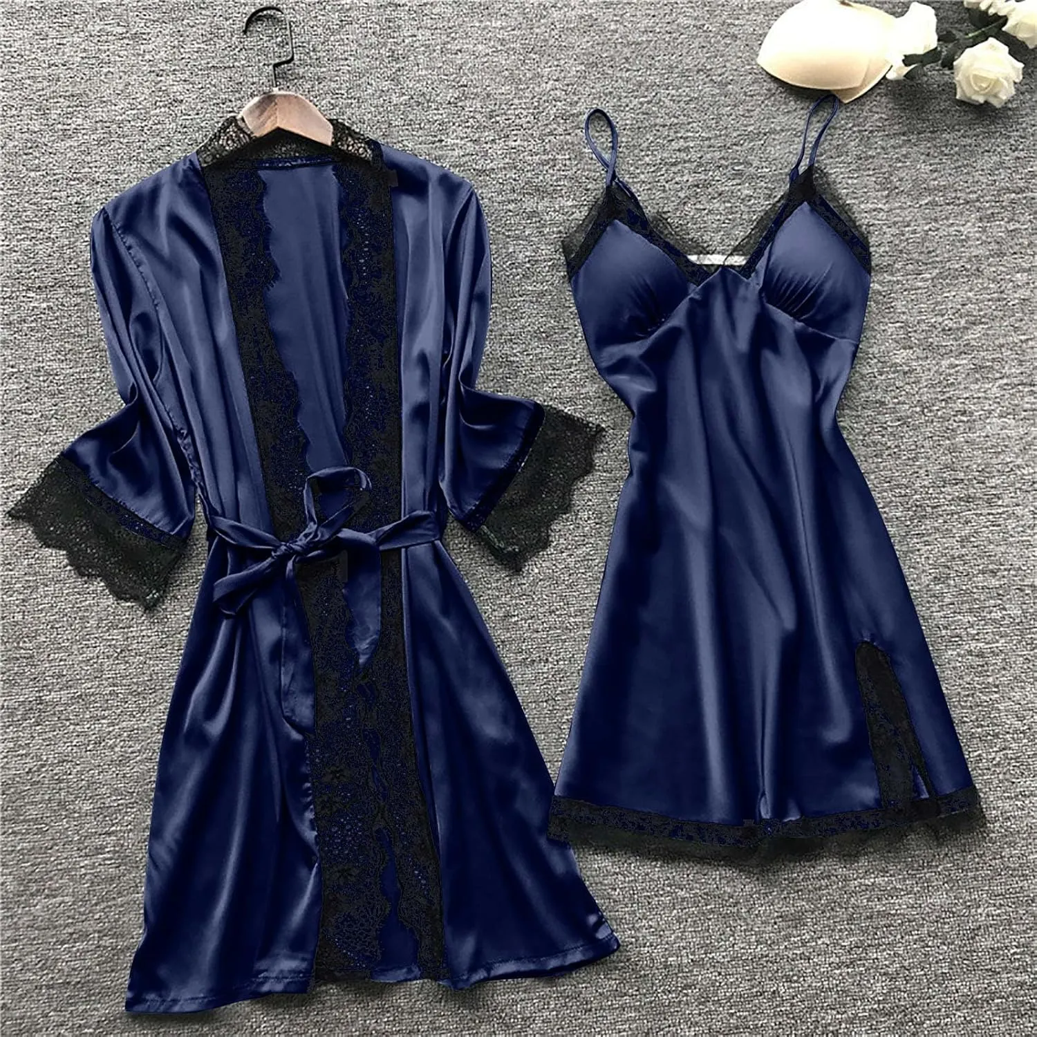Satin Pajama Set for Women - 4pcs Silk Robe and Lingerie Set with Lace Trim, Sexy Camisole, Nightgown