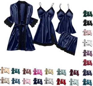 Satin Pajama Set for Women - 4pcs Silk Robe and Lingerie Set with Lace Trim, Sexy Camisole, Nightgown