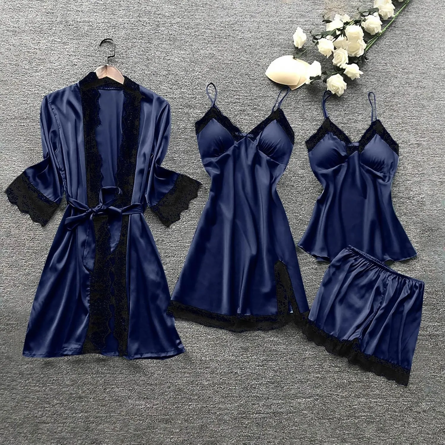 Satin Pajama Set for Women - 4pcs Silk Robe and Lingerie Set with Lace Trim, Sexy Camisole, Nightgown