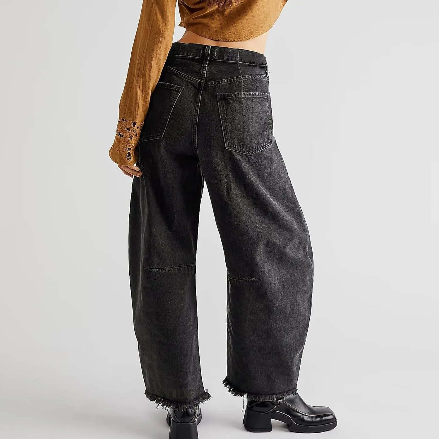 sdbrld Barrel Jeans Women,Womens Baggy Mid Rise Jeans Wide Leg Boyfriend Denim Harem Cropped Pants Vintage Barrel Jeans Y2k