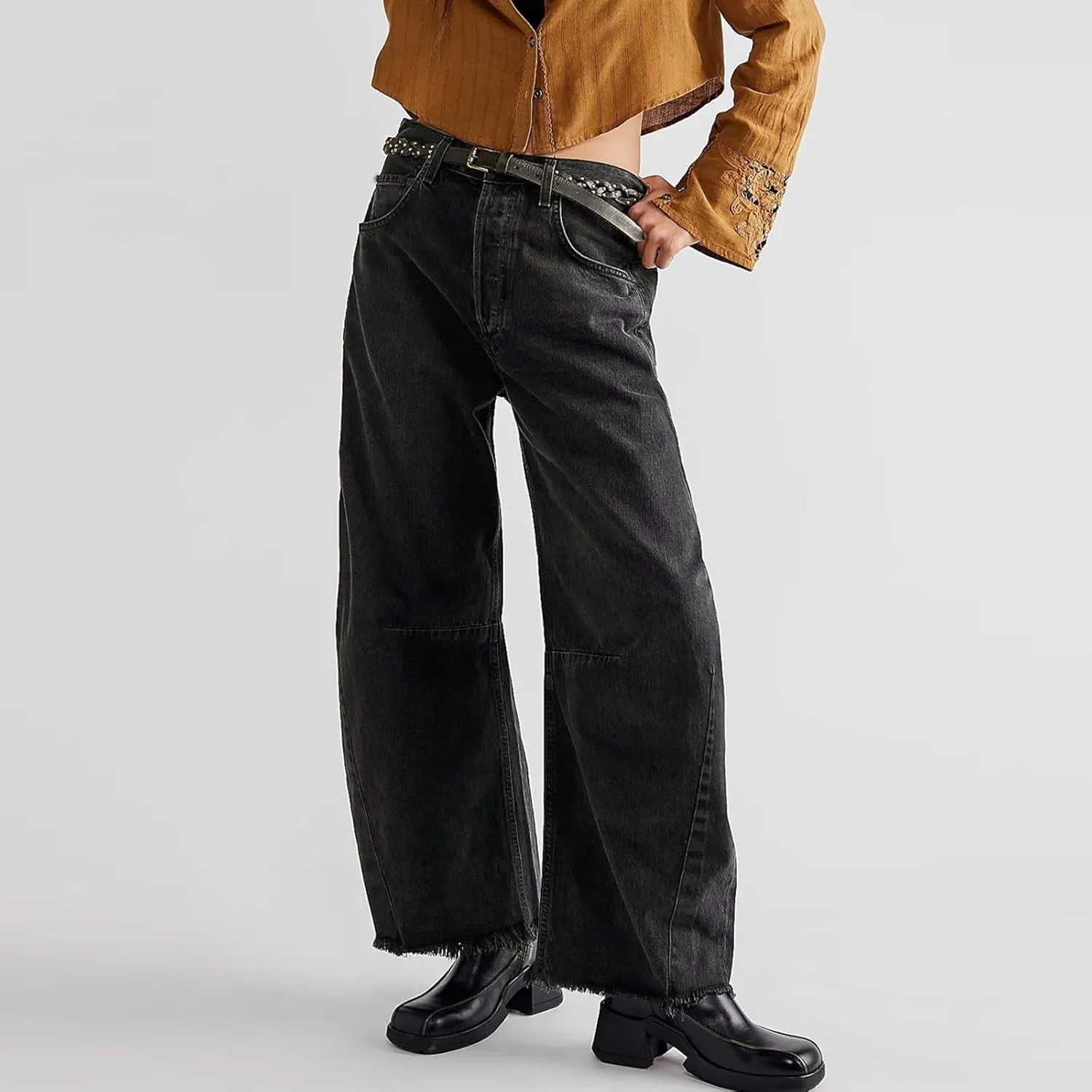 sdbrld Barrel Jeans Women,Womens Baggy Mid Rise Jeans Wide Leg Boyfriend Denim Harem Cropped Pants Vintage Barrel Jeans Y2k