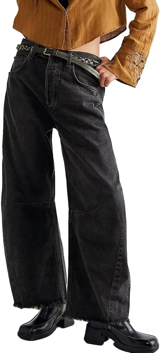 sdbrld Barrel Jeans Women,Womens Baggy Mid Rise Jeans Wide Leg Boyfriend Denim Harem Cropped Pants Vintage Barrel Jeans Y2k