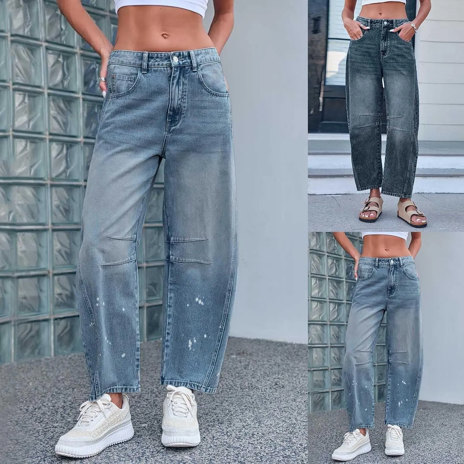 sdbrld Boyfriend Jeans for Women,Womens Baggy Mid Rise Jeans Wide Leg Loose Denim Harem Cropped Pant Vintage Barrel Jeans Y2k