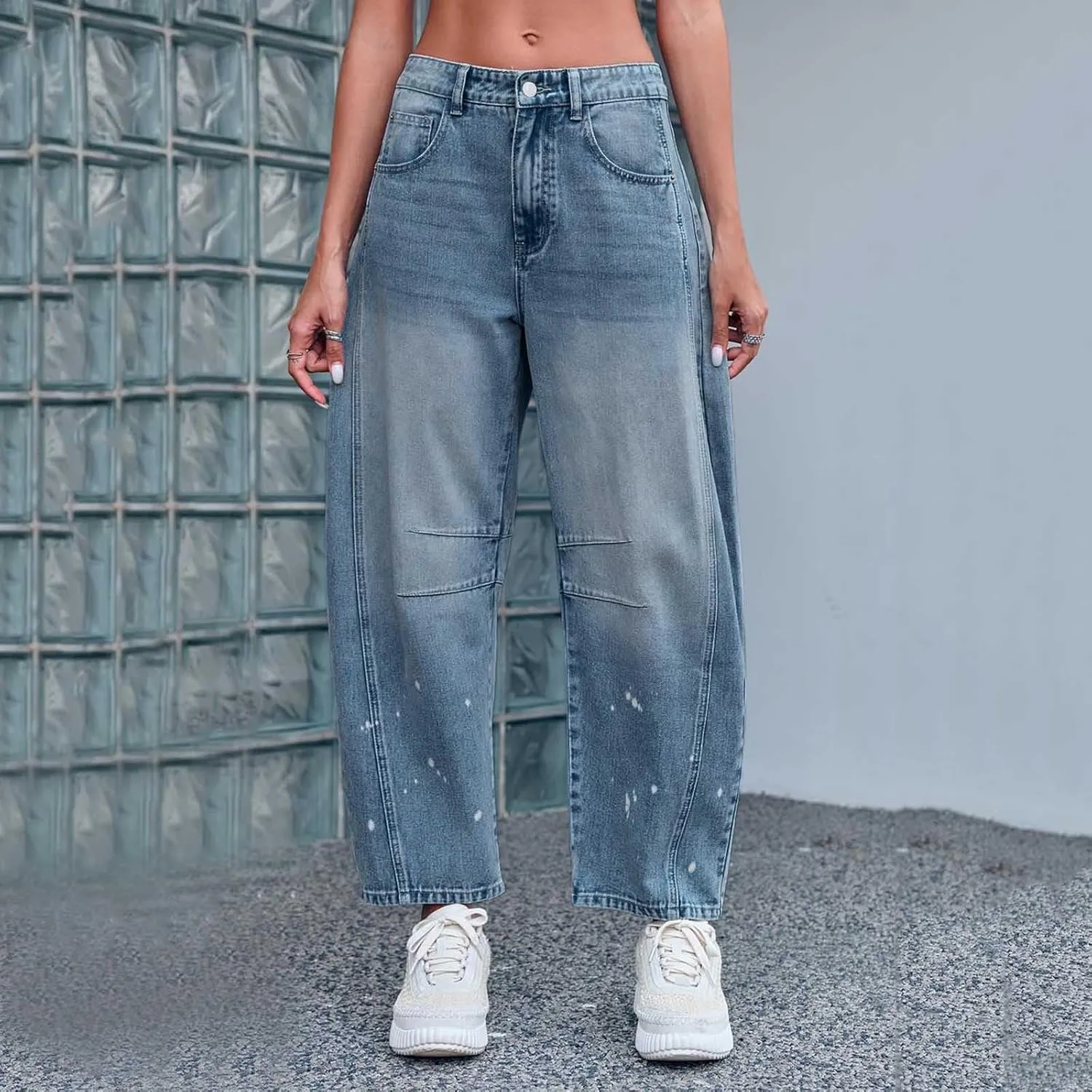 sdbrld Boyfriend Jeans for Women,Womens Baggy Mid Rise Jeans Wide Leg Loose Denim Harem Cropped Pant Vintage Barrel Jeans Y2k