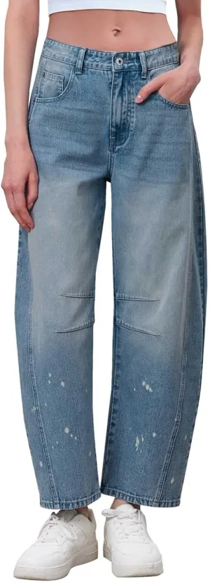 sdbrld Boyfriend Jeans for Women,Womens Baggy Mid Rise Jeans Wide Leg Loose Denim Harem Cropped Pant Vintage Barrel Jeans Y2k