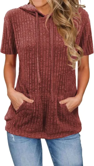 Short Sleeve Hoodies for Women Pullover Oversized Sweatshirts Trendy Casual Shirts Tunic Tops with Kangaroo Pocket